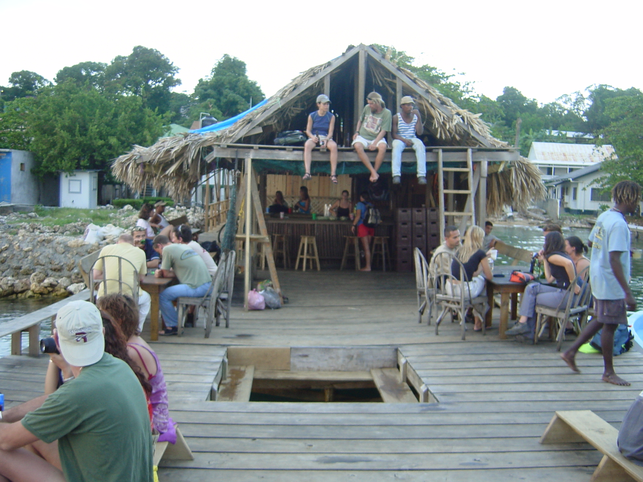 Bar on a jetty with the conveniently located back door in the middle for those who get out of hand