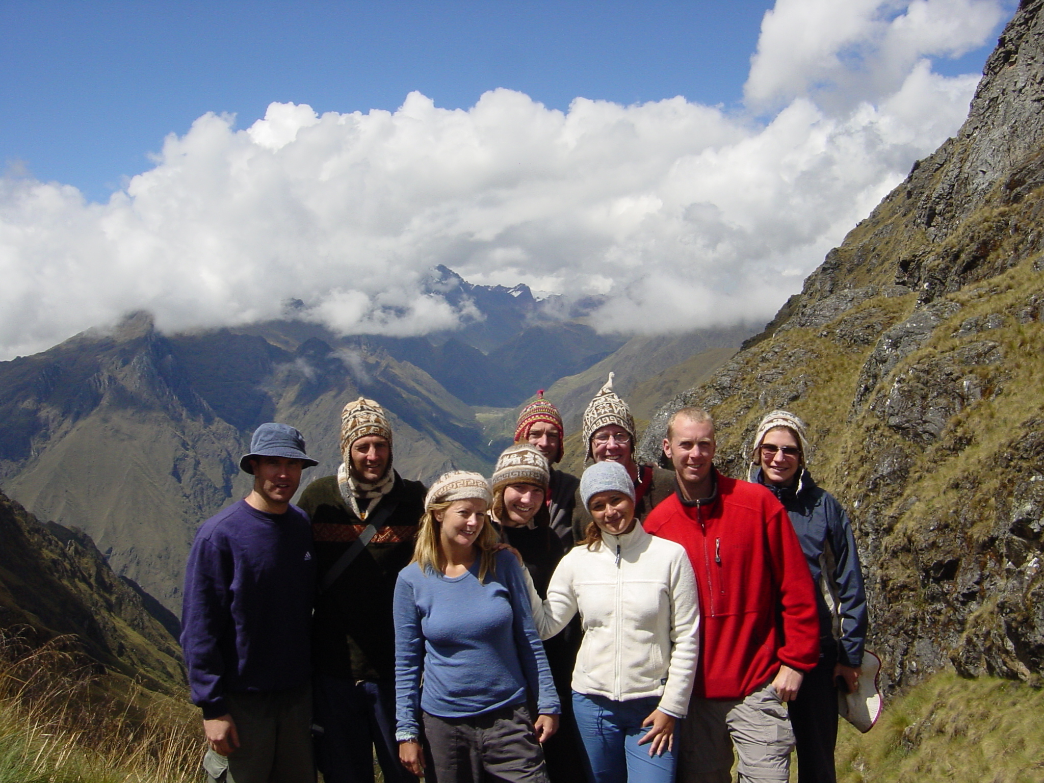 At the top of the pass, day 2 - the wind was so bad hats were required to stop your hair blowing off.